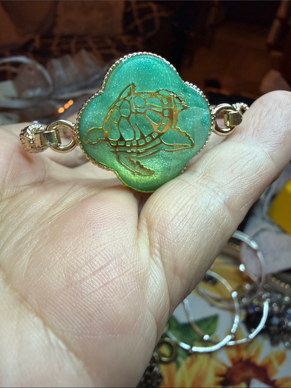 Gold-Tone Turtle Motif Green Enamel Bracelet
